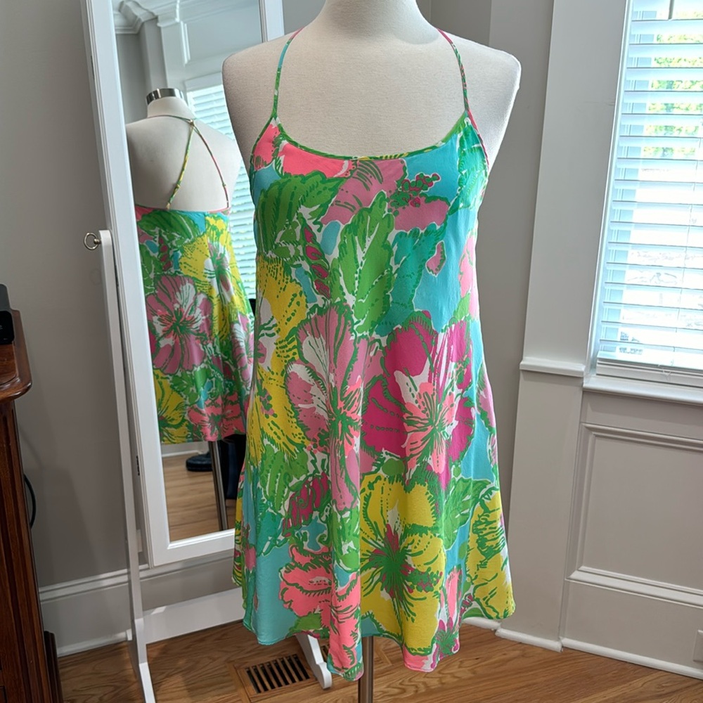 Lilly Pulitzer Sz S Tropical print mini dress or coverup adjustable straps EUC